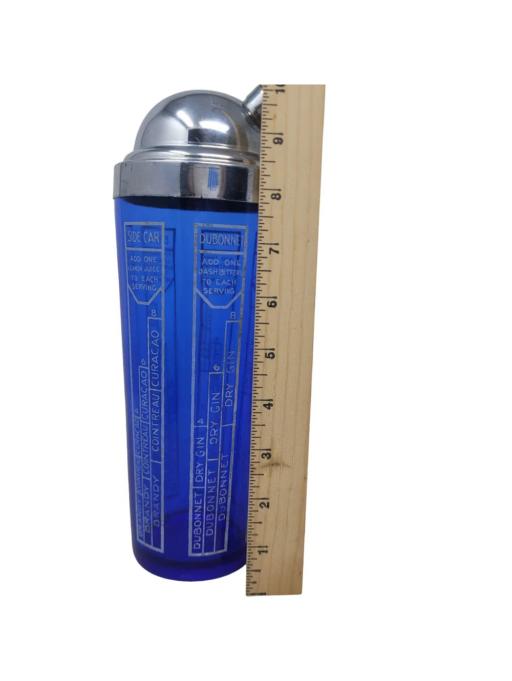 Vintage Art Deco Cobalt Blue Glass Cocktail Shaker Chrome Lid Recipe 1930s